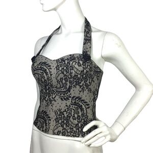 Bebe Lace Halter Bustier Top Embellished Buttons S